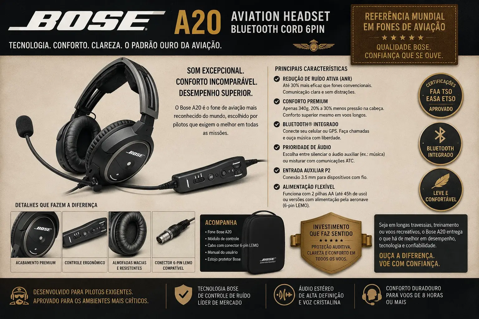 BOSE A20 AVIATION HEADSET (conforto duradouro p/ voos de 08 horas